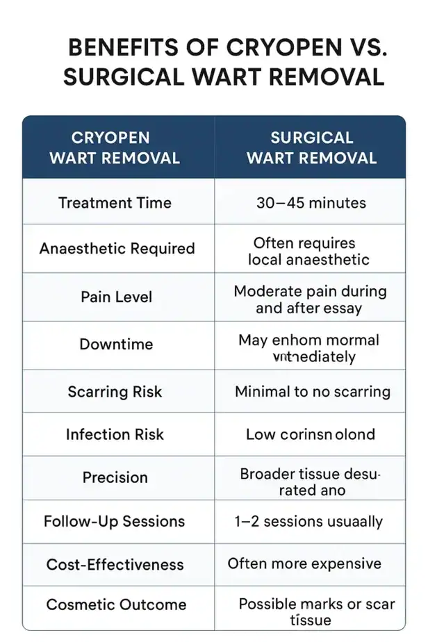 Table showing the benefits of cryopen to remove warts Hampton Court compared to surgical treatment